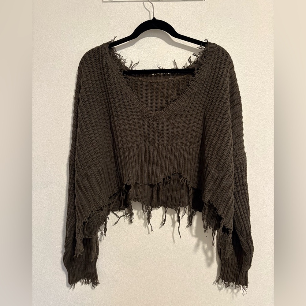 Skylar + Madison Distressed Dark Green V-Neck Cropped Sweater